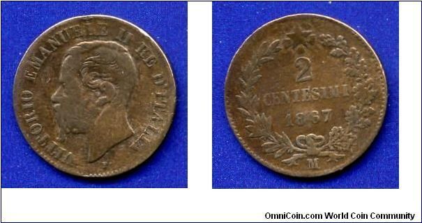 2 centesimi.
Vittorio Emanuele II (1861-1878).
(M) Milan mint.


Cu.