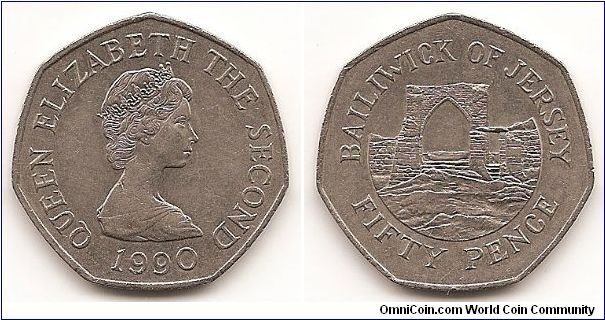 50 Pence
KM#58.1
13.5000 g., Copper-Nickel, 30 mm. Ruler: Elizabeth II Obv:
Young bust right Rev: Grosnez Castle