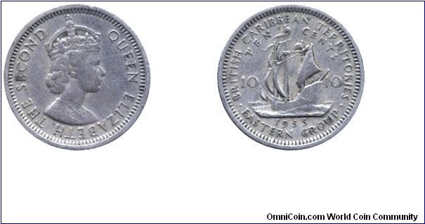 British Caribbean Territories Eastern Group, 10 cents, 1955, Cu-Ni, Queen Elizabeth II, Ship.                                                                                                                                                                                                                                                                                                                                                                                                                       