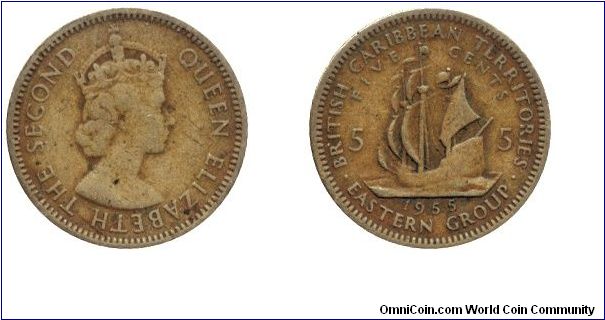 British Caribbean Territories, Eastern Group, 5 cents, 1955, Ni-Brass, Queen Elizabeth II, Ship.                                                                                                                                                                                                                                                                                                                                                                                                                    