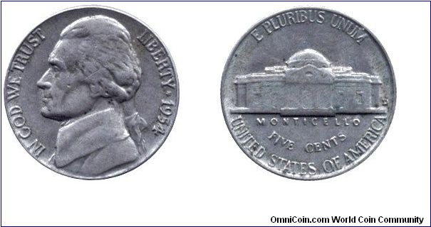 USA, 5 cents, 1954, Ni, Castle Monticello, E Pluribus Unum; Jefferson, In God We Trust.                                                                                                                                                                                                                                                                                                                                                                                                                             