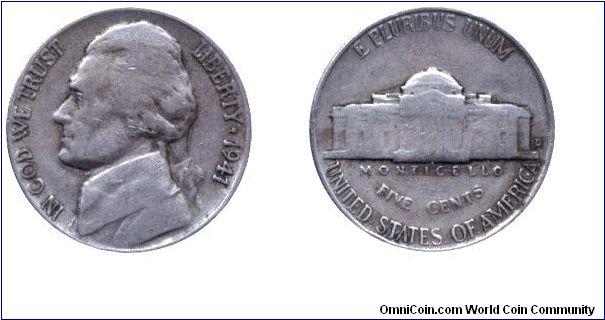 USA, 5 cents, 1941, Ni, Castle Monticello, E Pluribus Unum; Jefferson, In God We Trust.                                                                                                                                                                                                                                                                                                                                                                                                                             