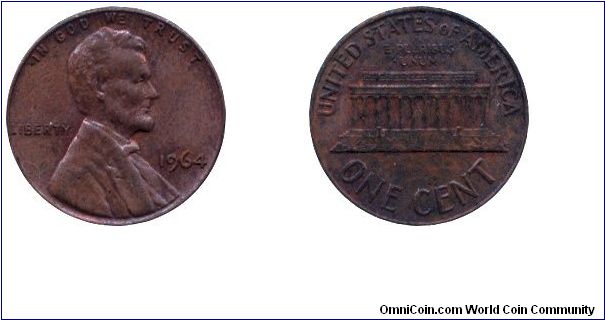 USA, 1 cent, 1964, Bronze, Lincoln, Lincoln Memorial.                                                                                                                                                                                                                                                                                                                                                                                                                                                               