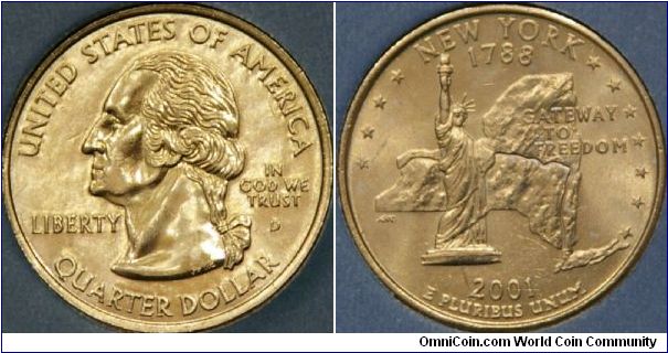 New York, 11th state, depicting the Statue of Liberty, and outline of the state including the path of the Erie canal and Hudson River. (ref. www.usmint.gov)