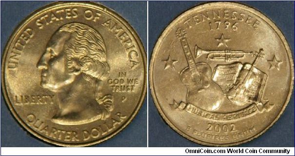 Tennessee, 16th state. Famous for three styles of music. ''The fiddle represents the Appalachian music of east Tennessee, the trumpet stands for the blues of west Tennessee for which Memphis is famous, and the guitar is for central Tennessee, home to Nashville, the capital of country music.'' (ref: www.usmint.gov/mint_programs/ 50sq_program/states/ index.cfm?state=TN