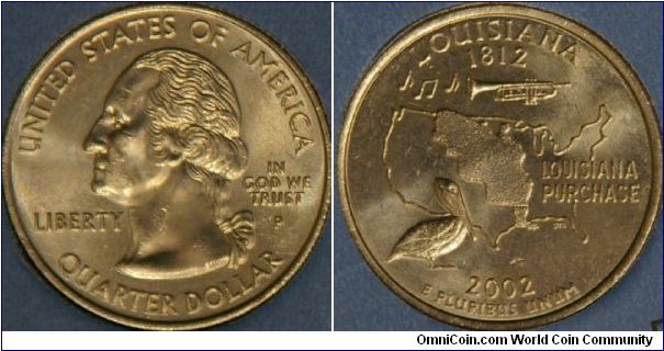 Louisiana, 18th state.  Outline of the United States highlighting the vast land acquired in the Louisiana Purchase of 1803 from Napoleon.  Also  recognizing the birthplace of jazz, and the state bird (pelican). (ref.  usmint.gov)