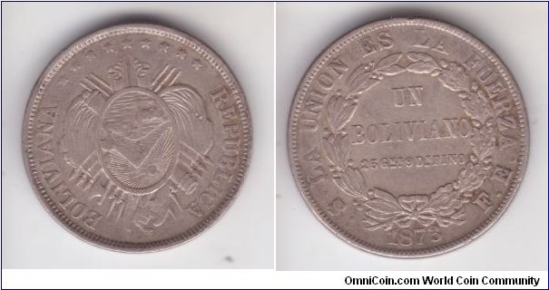 KM-160.1, 1873 FE Bolivia boliviano same as below but different year.