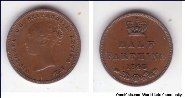 KM-738, 1843 Great Britain half farthing, originally designed for use at Ceylon but later allowed for circulation in the UK itself; looks a nice XF or so to me, a couple of die breaks - from the top of the crown and from F to the rim