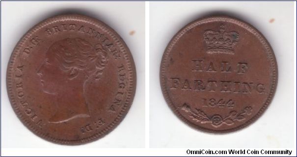 KM-738, Great Britain 1844 half farthing; I bought it as an uncirculated and it is about so; small die break from the flower to the rim.