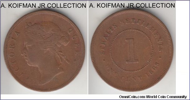 KM-9, 1883 Strait Settlements cent; copper, plain edge; Victoria, fine or so, cleaned as often is the case with copper that old; interestingly the last S in Settlements stands out as if it was added to the dies upon consideration :).