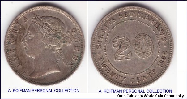 KM-12, 1896 Straits Settlements 20 cents; silver, reeded edge; good very fine and uncleaned.