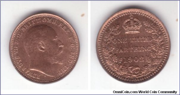 KM-791, 1902 Great Britain 1/3 farthing, one year type and the only one minted for Edward VII of this denomination; struck for Malta; fiery red with a  tiny die break coming through most of King's receding hairline; streaks of brown started forming on reverse