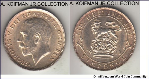 KM-815, 1918 Great Britain 6 pence; silver, reeded edge; George V, choice uncirculated.