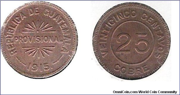 Provisional Government of Guatemala, 25 centavos.
