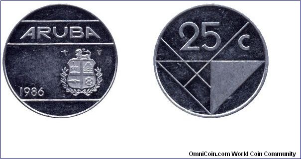 Aruba, 25 cents, 1986, Ni-Steel.                                                                                                                                                                                                                                                                                                                                                                                                                                                                                    