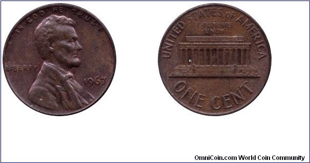 USA, 1 cent, 1967, Bronze, Lincoln, Lincoln Memorial.                                                                                                                                                                                                                                                                                                                                                                                                                                                               