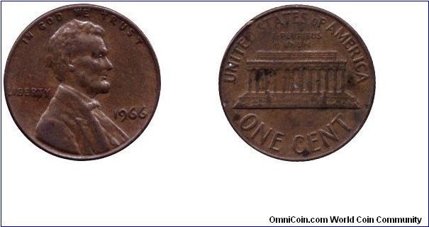 USA, 1 cent, 1966, Bronze, Lincoln, Lincoln Memorial.                                                                                                                                                                                                                                                                                                                                                                                                                                                               