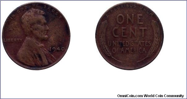 USA, 1 cent, 1940, Bronze, Lincoln.                                                                                                                                                                                                                                                                                                                                                                                                                                                                                 