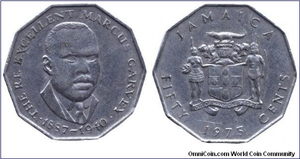 Jamaica, 50 cents, 1975, Cu-Ni, The Rt. Excellent Marcus Garvey, 1887-1940, unusual shape.                                                                                                                                                                                                                                                                                                                                                                                                                          