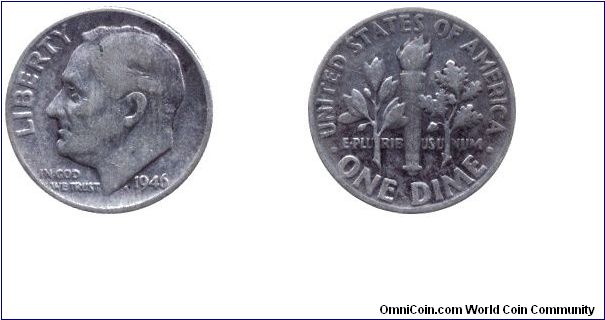 USA, 1 dime, 1946, Ag, Roosevelt.                                                                                                                                                                                                                                                                                                                                                                                                                                                                                   