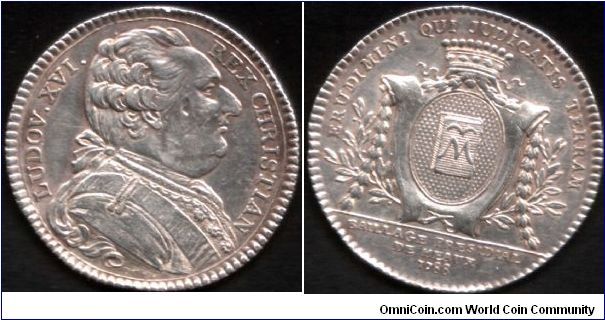 Seldom seen silver jeton issued for members of the Presidial Court of the Bailliewick of Meaux in Champagne, France during the twilight years of the Ancien Regime
Bust of Louis XVI (obverse) by Benjamin Duvivier. Shielded arms of Meaux (reverse).