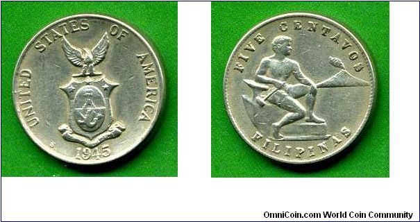 5 centavos.
American Phillipines.
'S'- San-Francisco mint.


Cu-Ni.