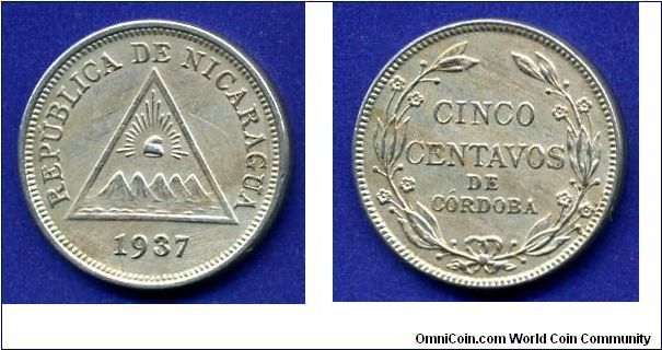 5 centavos.
Republica De Nicaragua.
Mintage 300,000 units.


Cu-Ni.