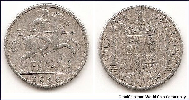 10 Centimos
KM#766
8.0700 g., Aluminum, 23 mm. Obv: Armored figure on rearing horse
Rev: Crowned shield within eagle flanked by pillars with banner
Edge: Coarse reeding Note: Varieties exist. To realize the values
below all Unc. and BU coins must have full strike including letters.