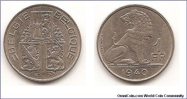1 Franc
KM#120
Nickel, 21.5 mm. Obv: Three shields, legend in Dutch Obv.
Leg.: BELGIE-BELGIQUE Rev: Seated lion, right, facing left
above date, denomination at right