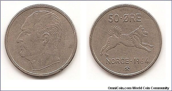 50 Ore
KM#408
4.8000 g., Copper-Nickel, 22 mm. Ruler: Olav V Obv: Head left
Rev: Dog right divides date and value