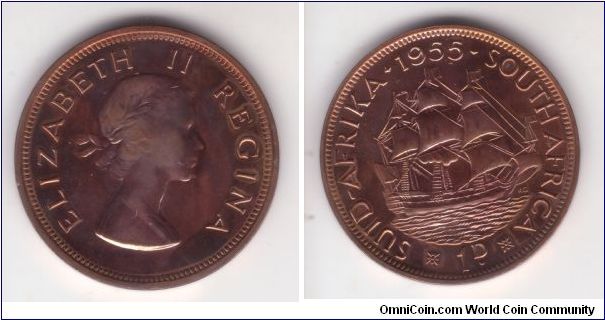 KM-46, 1955 South African penny; proof but coin is toned from improper storage of the proof set box. I am seeing it quite frequently on the proof copper ones; scan made it look worth, in real life it is very light toning.