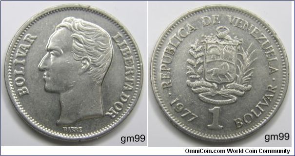 1 Bolivar (Bolivares) Obverse; Bolvar Libertador, Head left, Reverse;REPUBLICA DE VENEZUELA, shield with three parts containing a fan, crossed flags with caps, and a horse running right, head looking left, date and Value