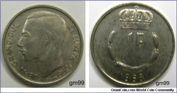 1 Franc (Copper-Nickel) Obverse; Bare head of Grand Duke Jean left,
 JEAN GRAND-DUC DE LUXEMBOURG J M LEFEVRE
Reverse; Crowned value within wreath 1 F, date 1968 below