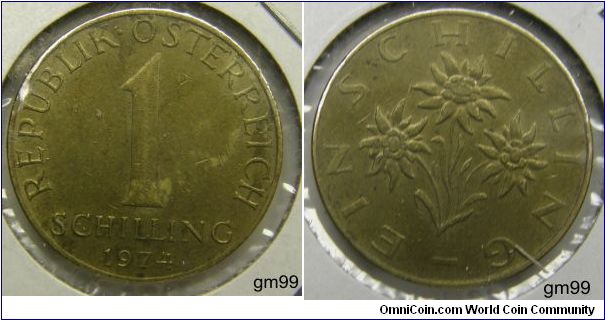 1 Schilling (Aluminum-Bronze) Obverse; Legend,
REPUBLIK OSTERREICH 1 SCHILLING date
Reverse; Edelweiss,
EIN SCHILLING