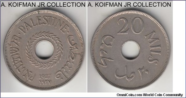 KM-5, 1927 Palestine 20 mils; copper-nickel, plain edge; George V British mandate period, most common year of this scarcer type, very fine or about.