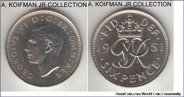 KM-875, 1951 Great Britain 6 pence; proof, copper-nickel, reeded edge; late George VI, from proof set, mintage 20,000, bright proof with minimal toning.