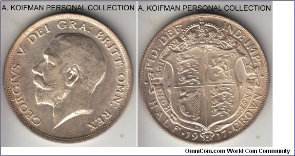 KM-818.1, Great Britain 1917 half crown; silver, reeded edge; nice about uncirculated condition, just a touch of wear on the obverse, WWI war time issue.