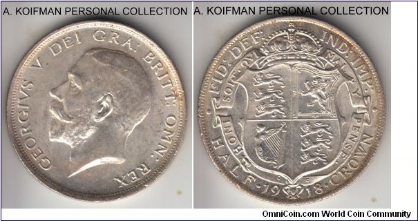 KM-818.1, 1918 Great Britain 1/2 crown; silver, reeded edge; uncirculated or almost, very white looking.