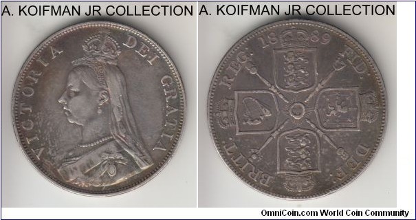 KM-763, 1889 Great Britain double florin (4 shillings); silver, reeded edge; Victoria, variety with inverted 1 instead of I in VICTORIA; very fine or so detail, it may have been cleaned in the past but nicely retoned since then although part of the toning looks too colorful to be natural storage.