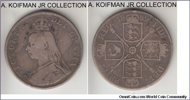 KM-763, 1889 Great Britain double florin (4 shillings); silver, reeded edge; Victoria, regular second I in VICTORIA; very good to fine, few edge bumps.