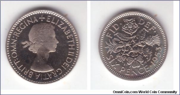 KM-889, 1953 Great Britain six pence, coronation year speciment (proof) example in very nice brilliant condition cameo like; color change toward the bottom rim of the reverse is a light reflection break not toning.
