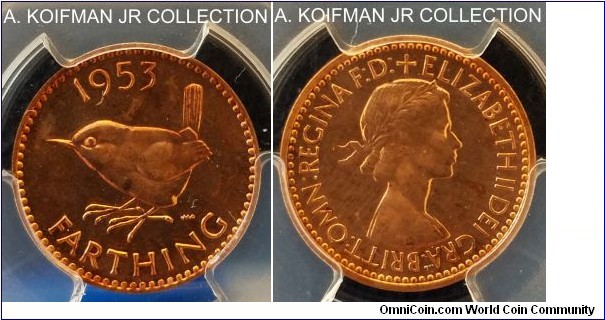 KM-881, 1953 Great Britain farthing; proof, bronze, plain edge; Elizabeth II, from one of the 40,000 coronation specimen sets, mostly red, PCGS graded PR63RD.