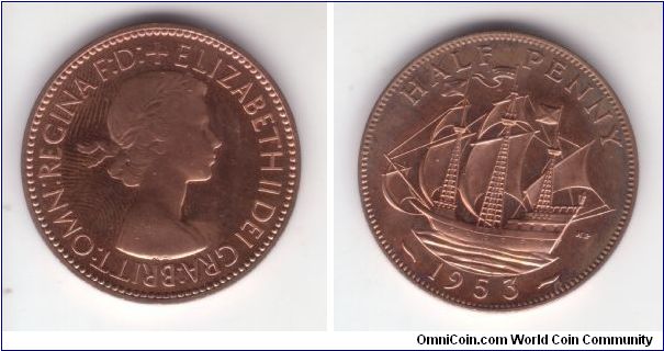 KM-882, 1953 Great Britain half penny in specimen (proof) condition; some toning in the fields mostly and fingerprinted but nice nevertheless.