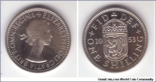 KM-891, 1953 Scottish arms Great Britain shilling in specimen (proof) condition; light toning in frant of the Queen's face