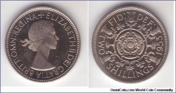 KM-892, 1953 Great Britain specimen (proof) 2 shillings (florin); has cameo like appearance of thw Queen's portrat