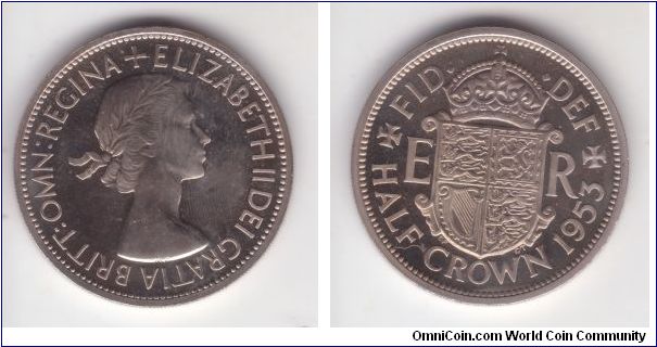 KM-893, 1953 Great Britain specimen (proof) half crown; nice with sime very very minimal toning.