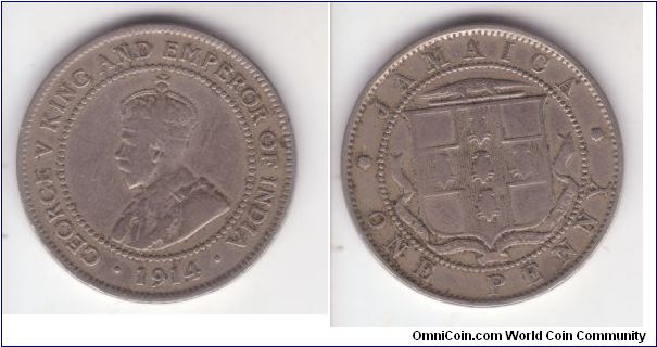 KM-26, 1914 Jamaica penny; mintage 24,000 which makes it quite rare even in about fine condition as this example;