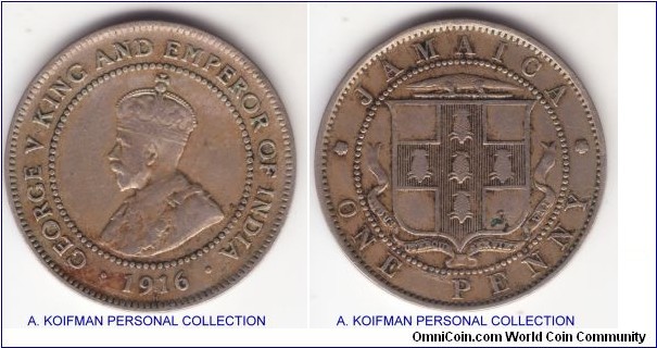 KM-26, 1916 Jamaica penny, Heaton mint (H mintmark); copper-nickel, plain edge; 24,000 mintage and the only year Jamaican coins were minted at Heaton mint, good fine or better.