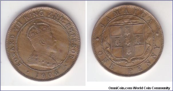 KM-23, 1906 Jamaica penny; same streaky toning, I do not think this is from cleaning or wiping, encounters too frequently.