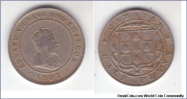 KM-22, 1907 Jamaica half penny just slightly better then fine?